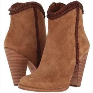 NEW Frye Madeline Trim Short Heeled Ankle Boot Suede Tan 8.5